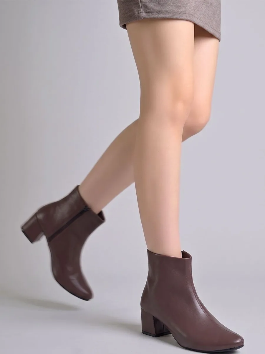 Brown Block-Heel Ankle Boots