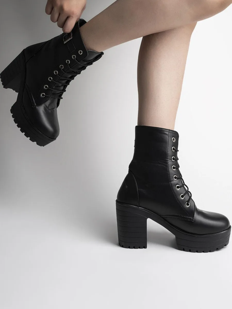 Black Lace-Up Platform Boots