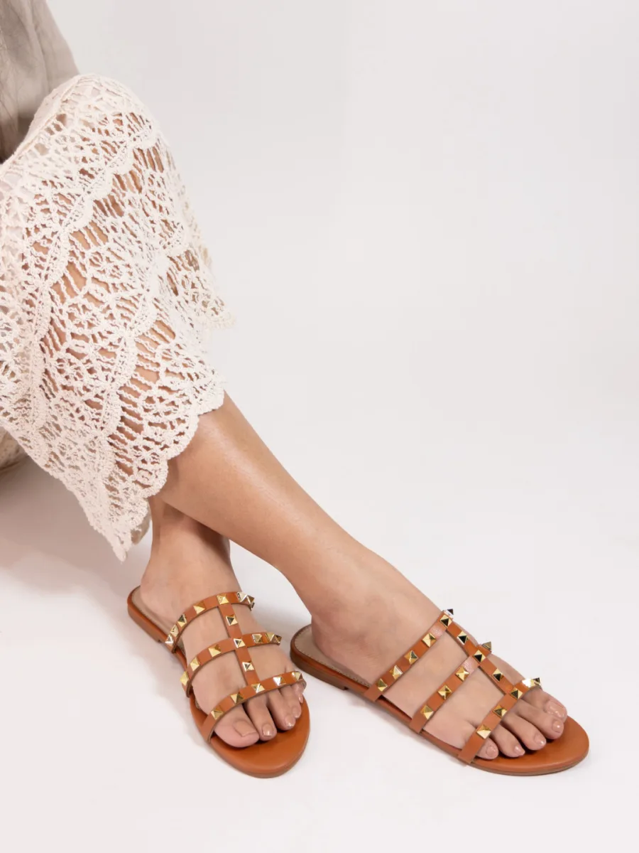 Tan Studded Flat Sandals