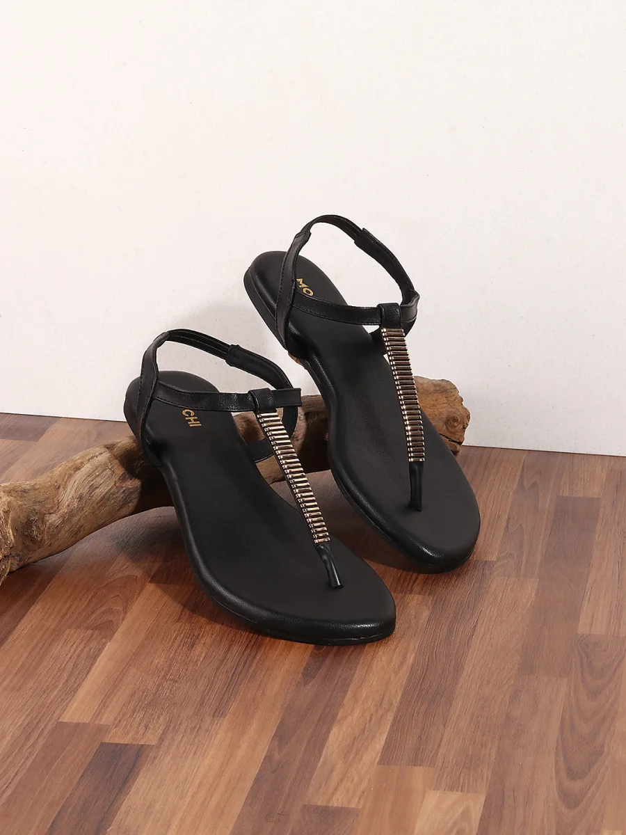 Black T-Strap Flat Sandals