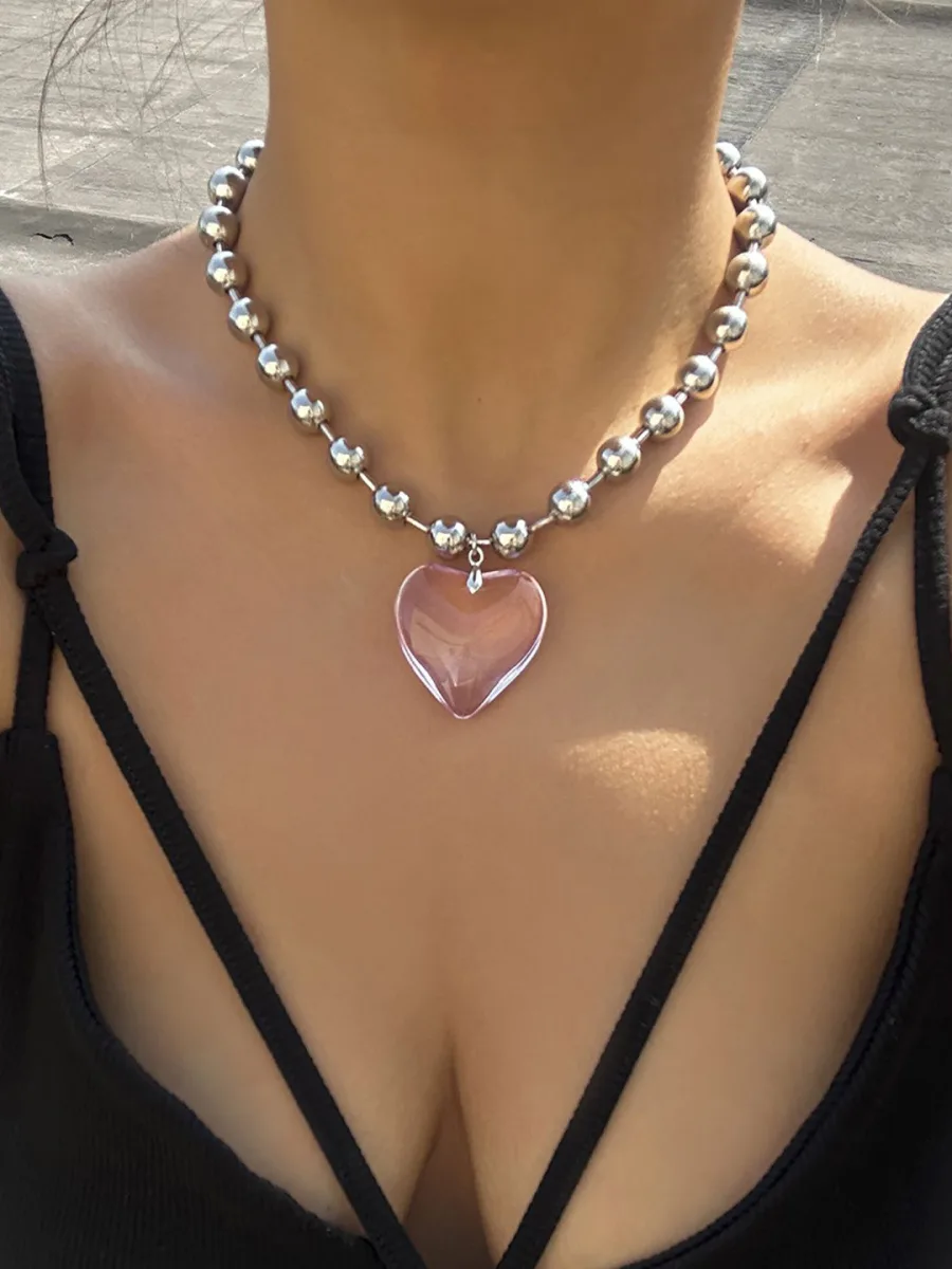 Silver Pink Heart Pendant Necklace