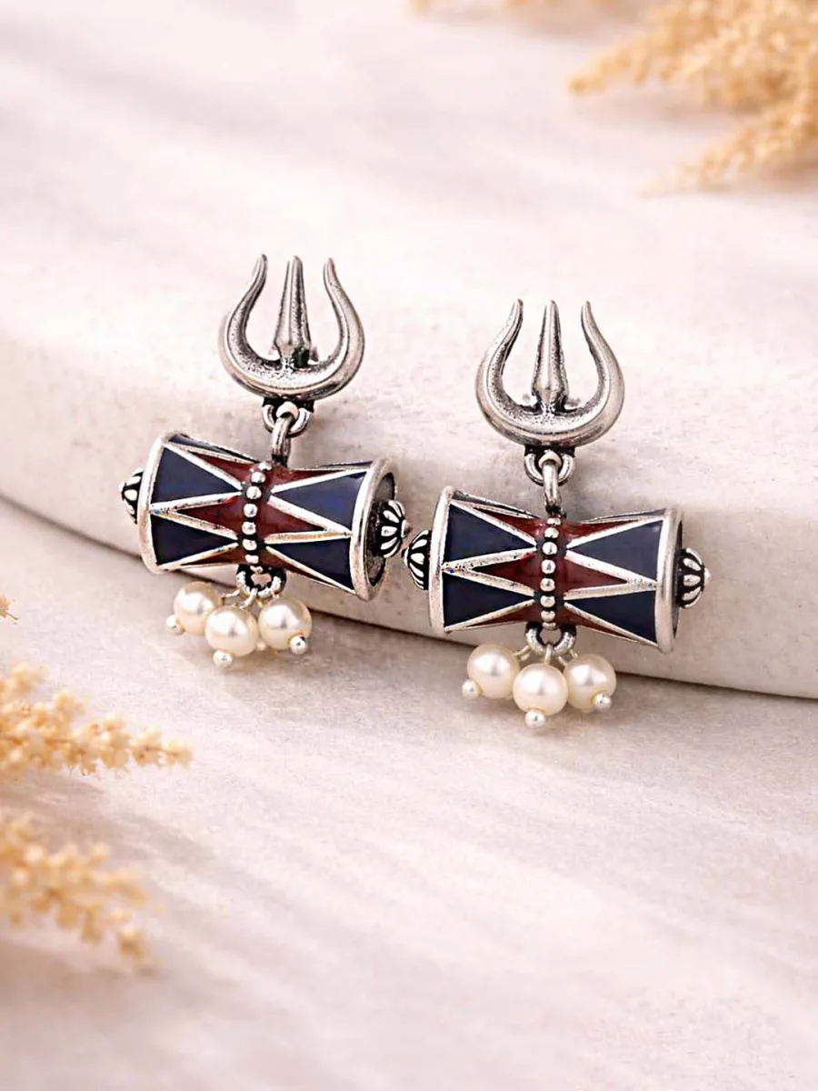 Oxidised Trishul Damru Drop Earrings