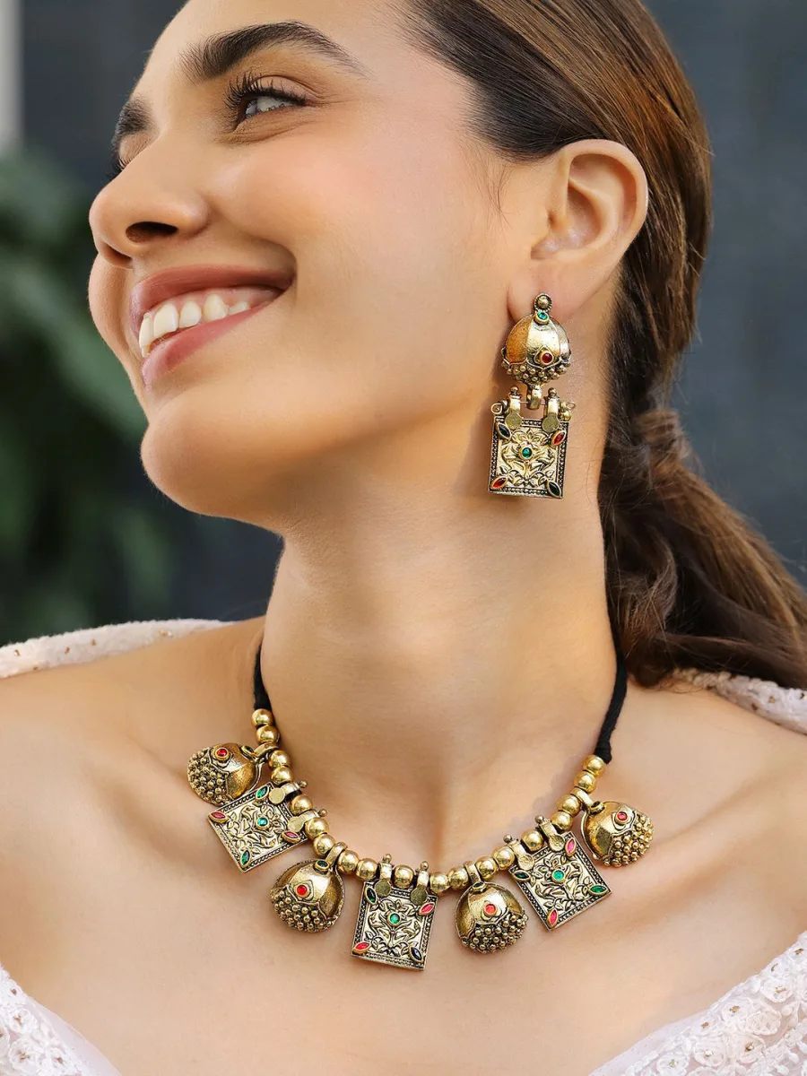 Gold Oxidised Temple Necklace Set