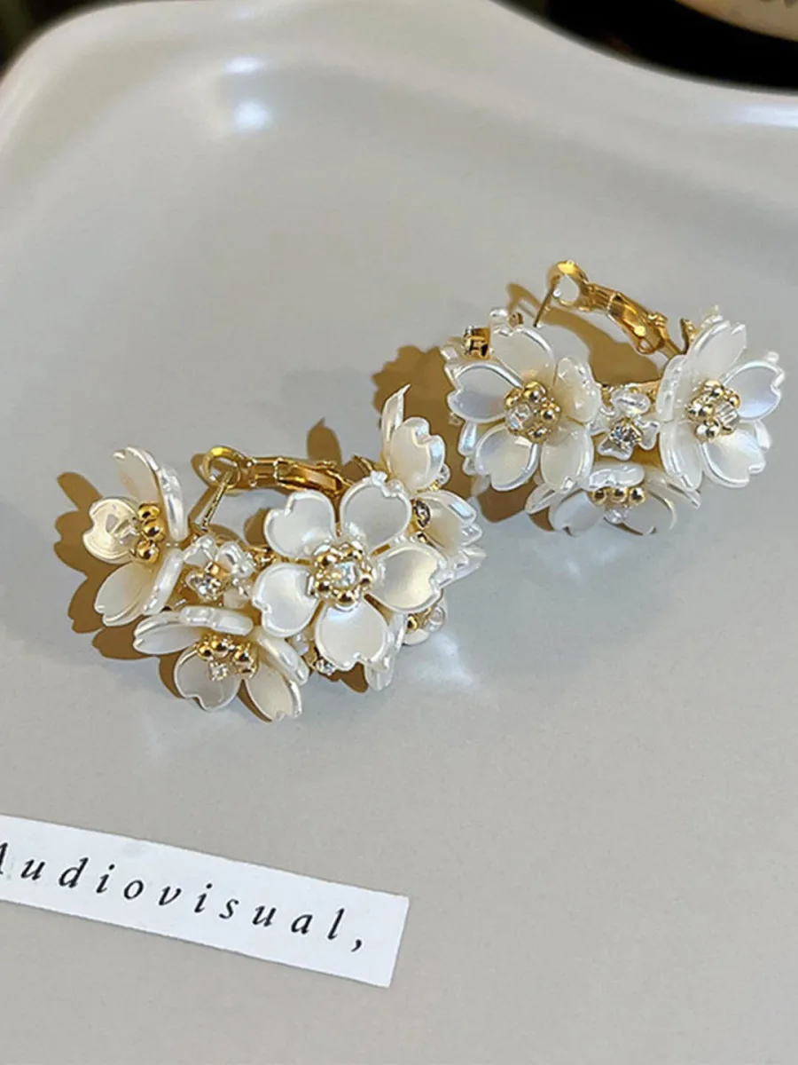 White Floral Hoop Earrings