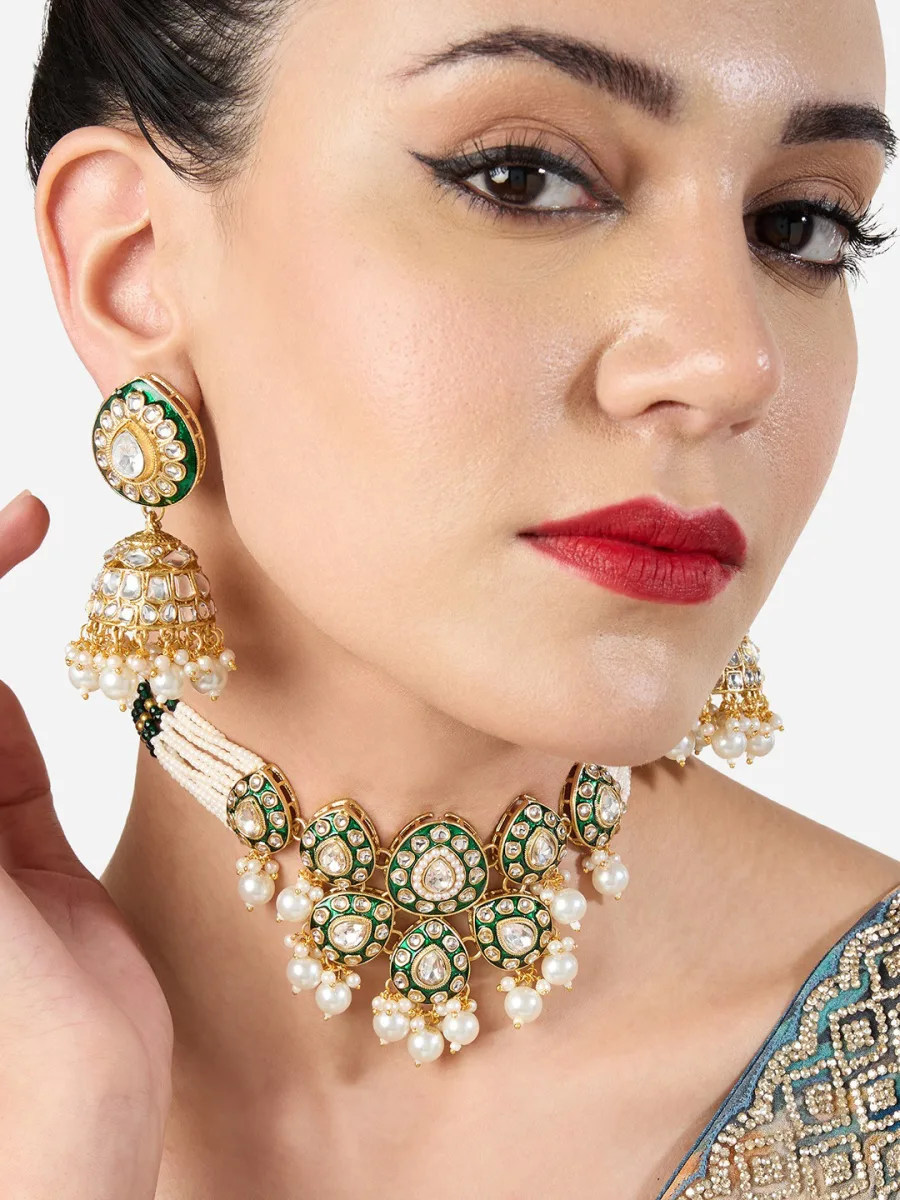 Green Kundan Jhumka Necklace Set