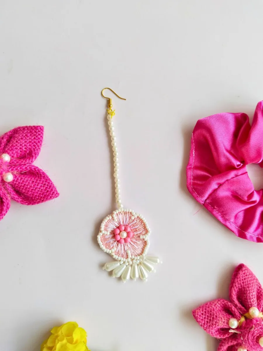 Pink Beaded Floral Maang Tikka