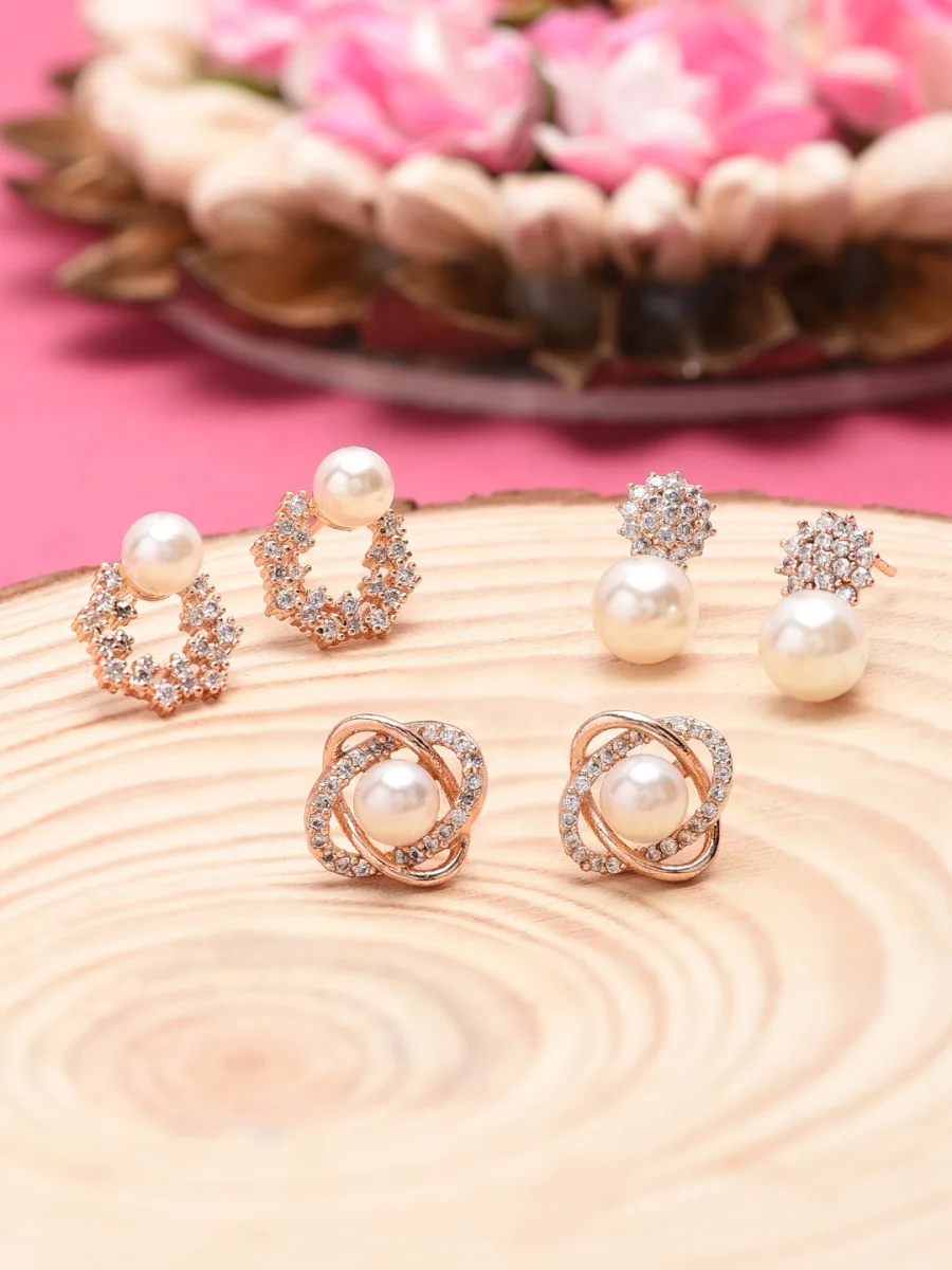 Rose Gold Pearl Stud Earrings Set