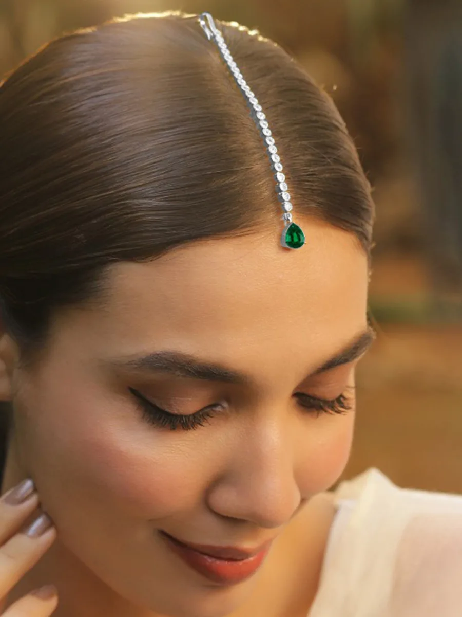 Silver Green Stone Maang Tikka