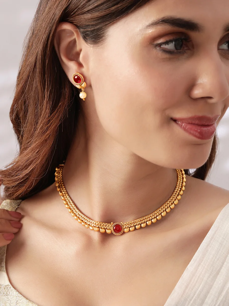 Gold Red Stone Necklace Set