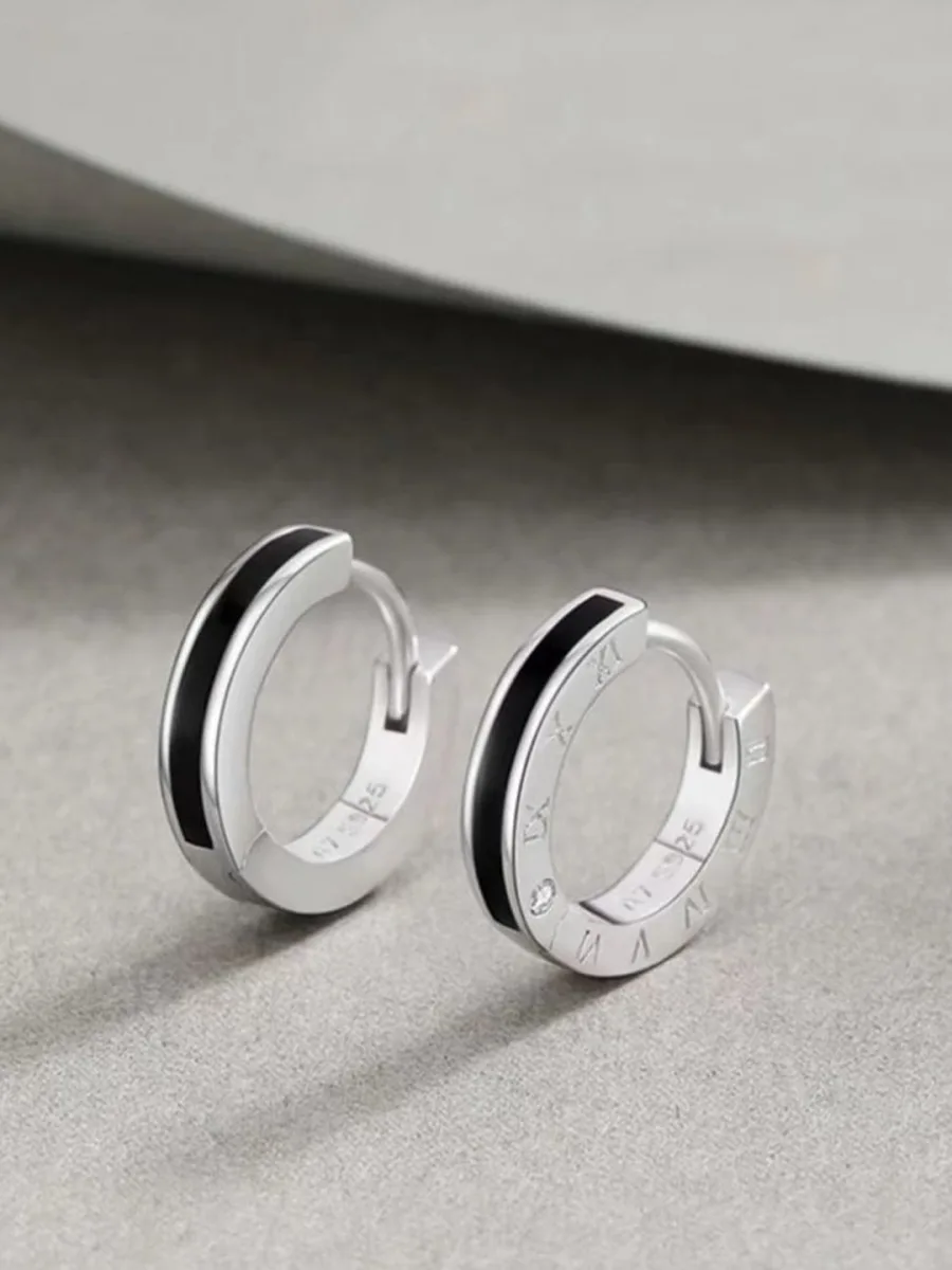 Silver Black Enamel Hoop Earrings