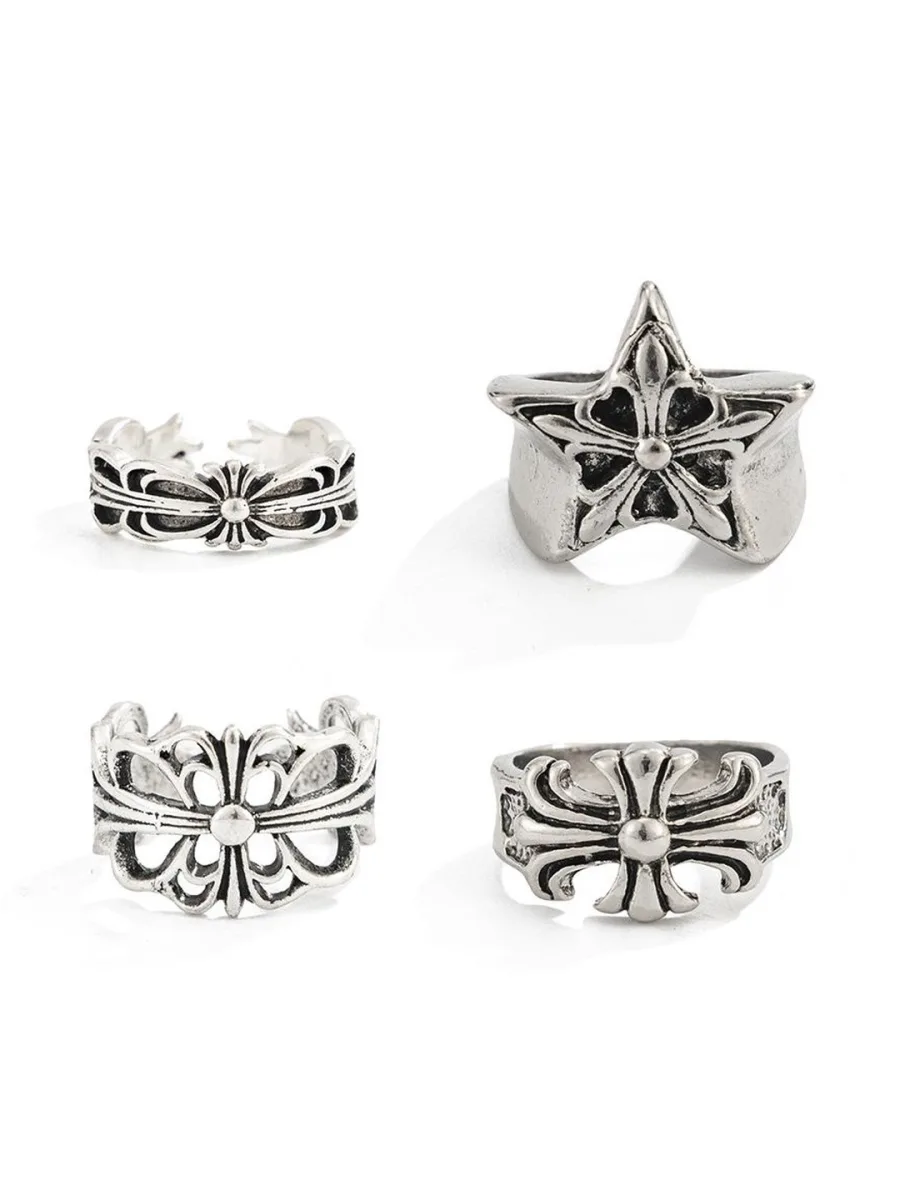 Oxidised Silver Cross Ring Set