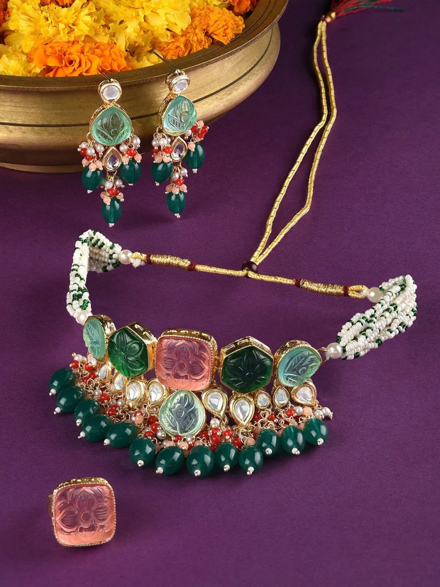 Carved Stone Choker Necklace Set