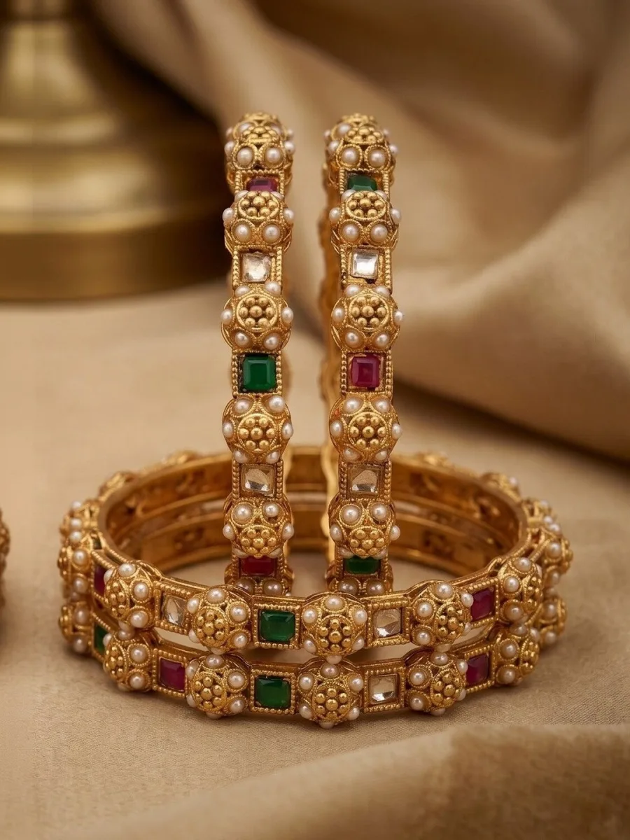 Gold Pearl Stone Bangle Set