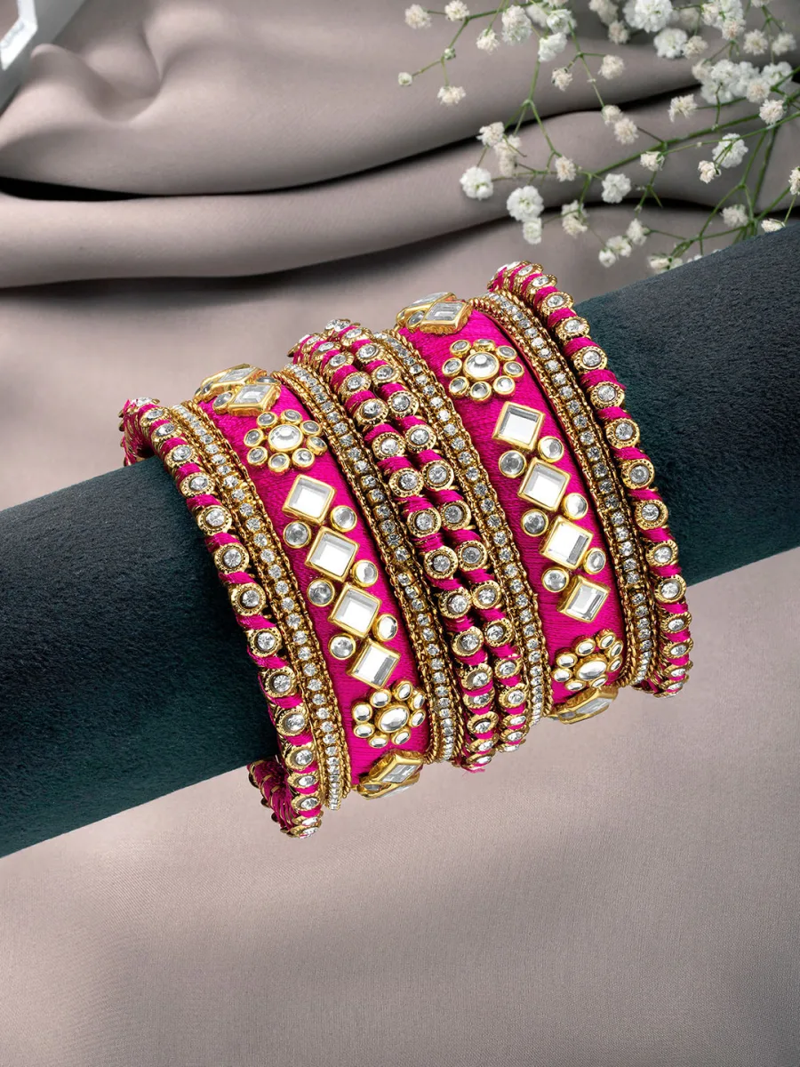 Pink Silk Thread Kundan Bangle Set