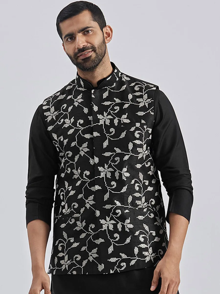 Embroidered Woven Nehru Jacket