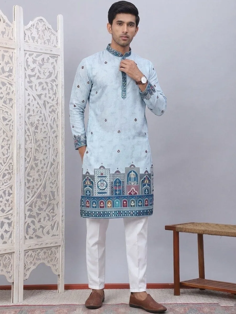 Blue Foil Print Men Kurta