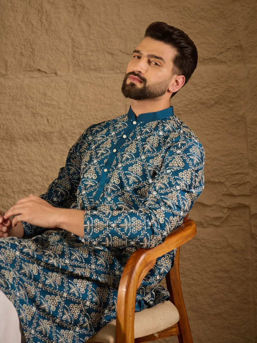 Floral Printed Silk Kurta