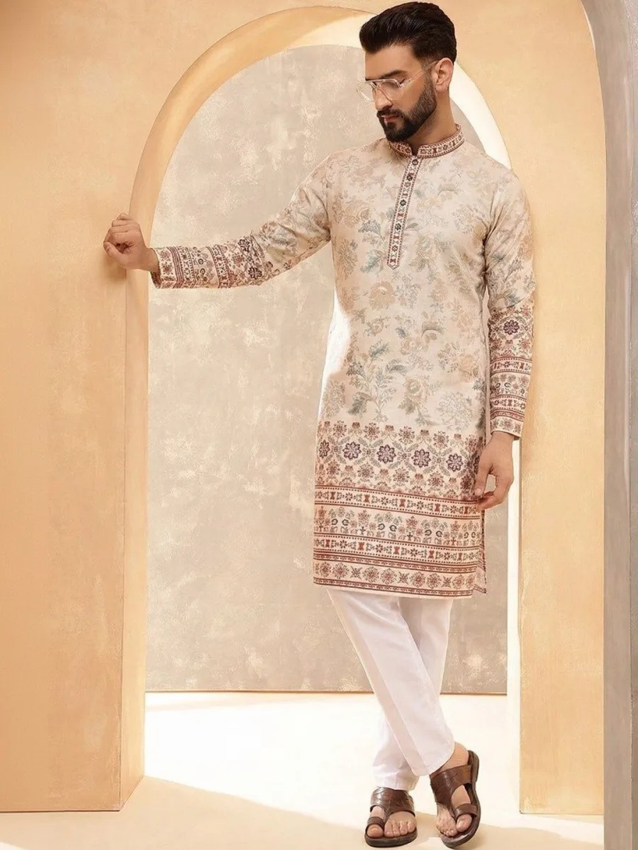 Cream Floral Linen Kurta
