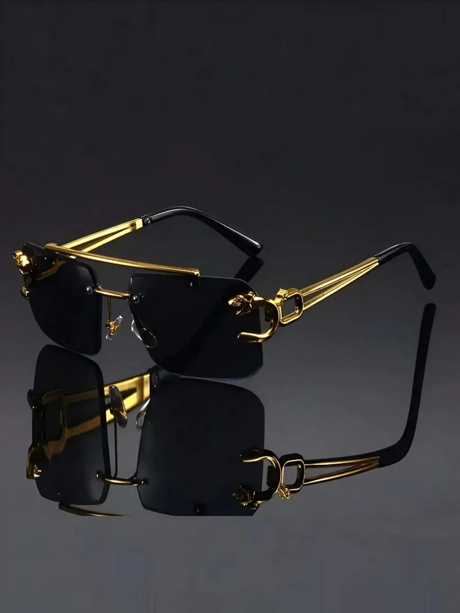 Gold Rimless Black Square Sunglasses