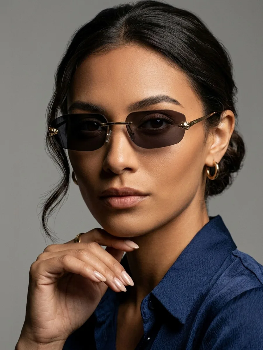 Brown Rimless Rectangle Sunglasses