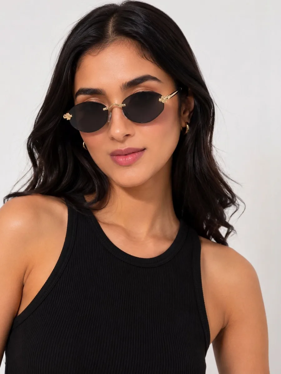 Gold Rimless Oval Sunglasses