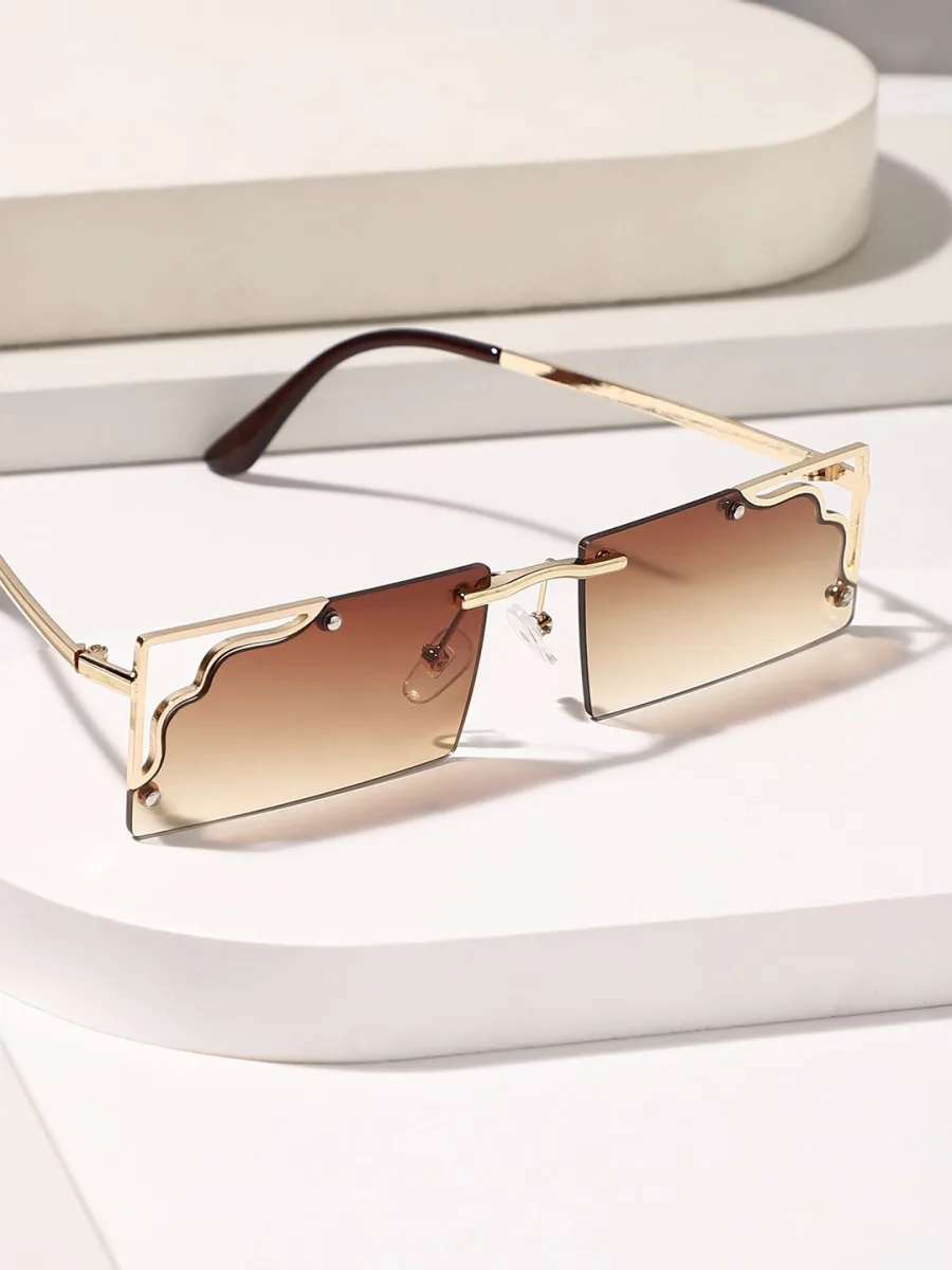 Gold Brown Rimless Rectangle Sunglasses