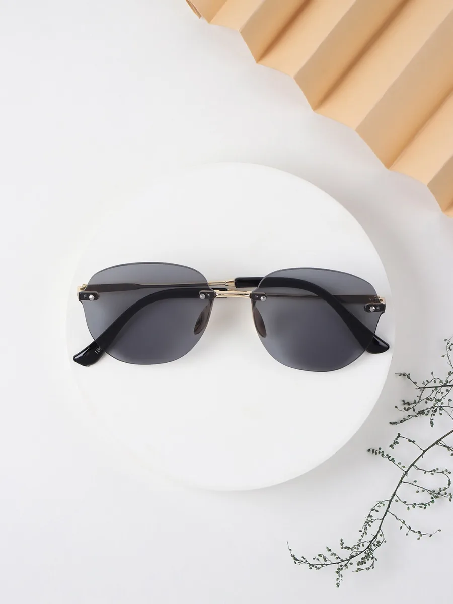 Gold Rimless Round Sunglasses