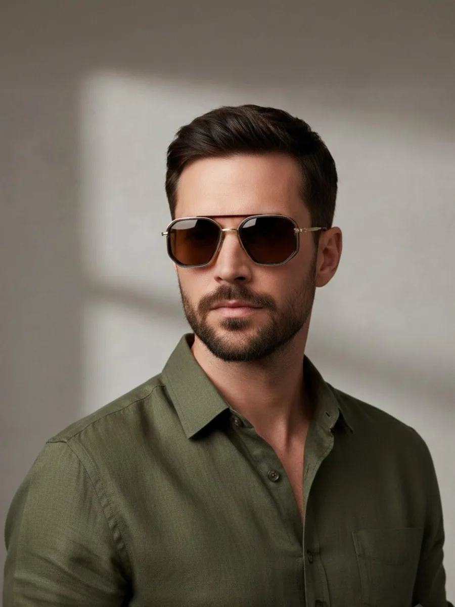 Gold Brown Hexagonal Sunglasses