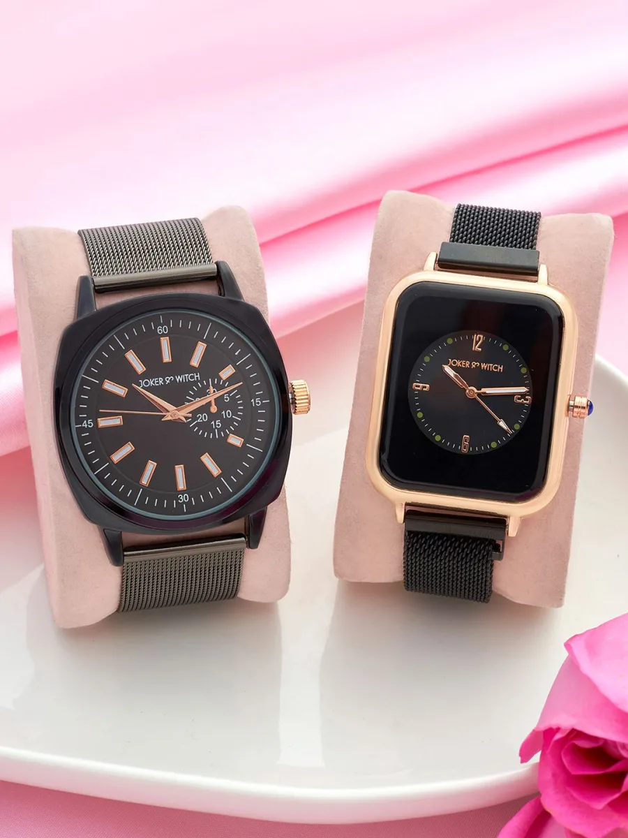 Black Mesh Analog Watch Set