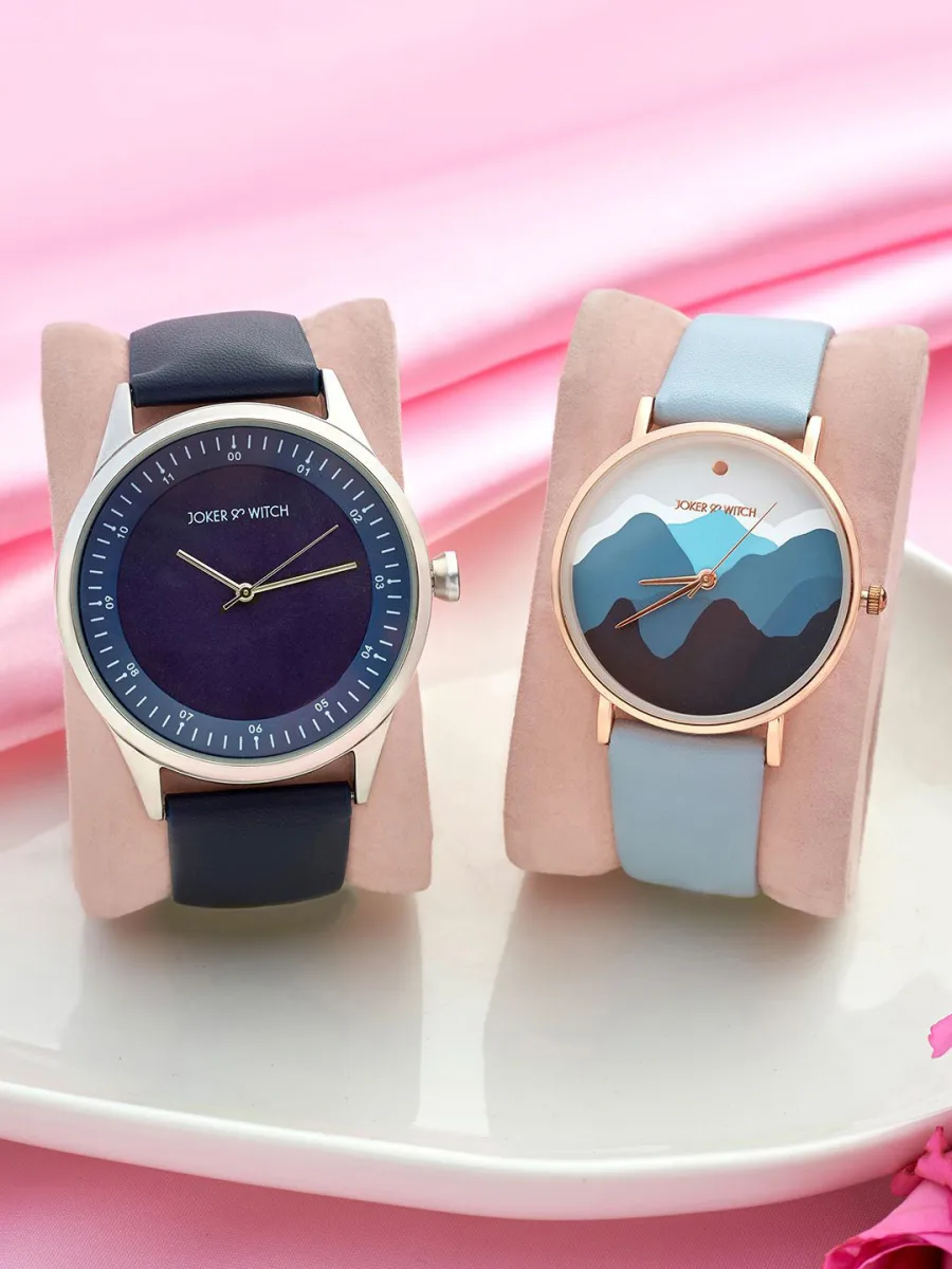 Blue Leather Analog Watch Set