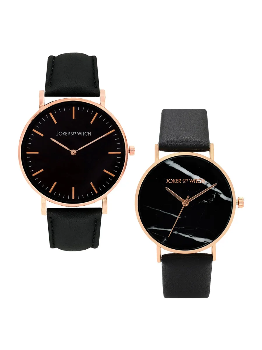 Black Leather Analog Watch Set