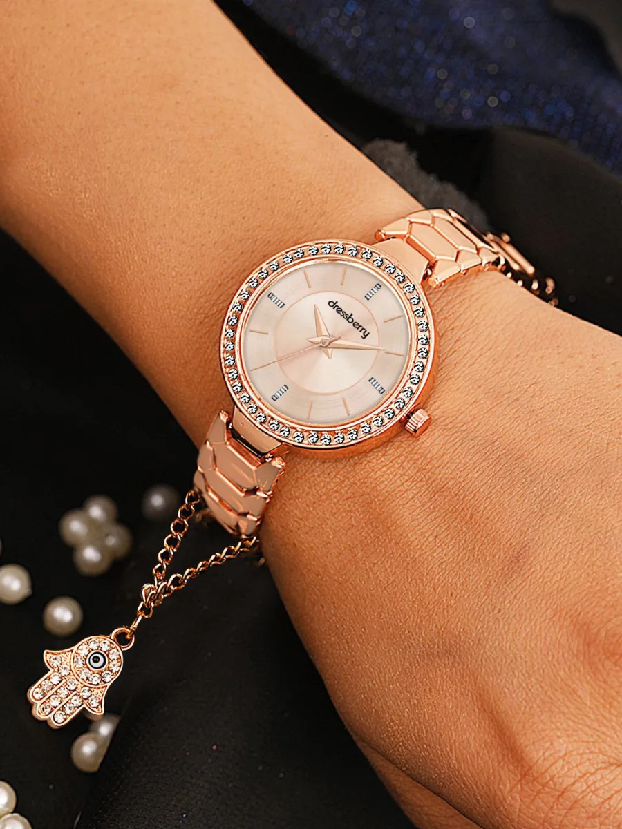 Rose Gold Embellished Bracelet Watch