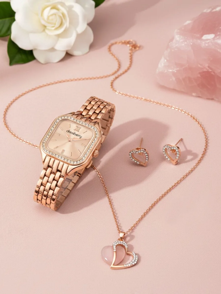 Rose Gold Watch Jewellery Set