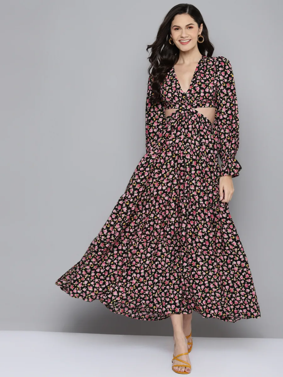 Floral Waist Cut-Out Dress