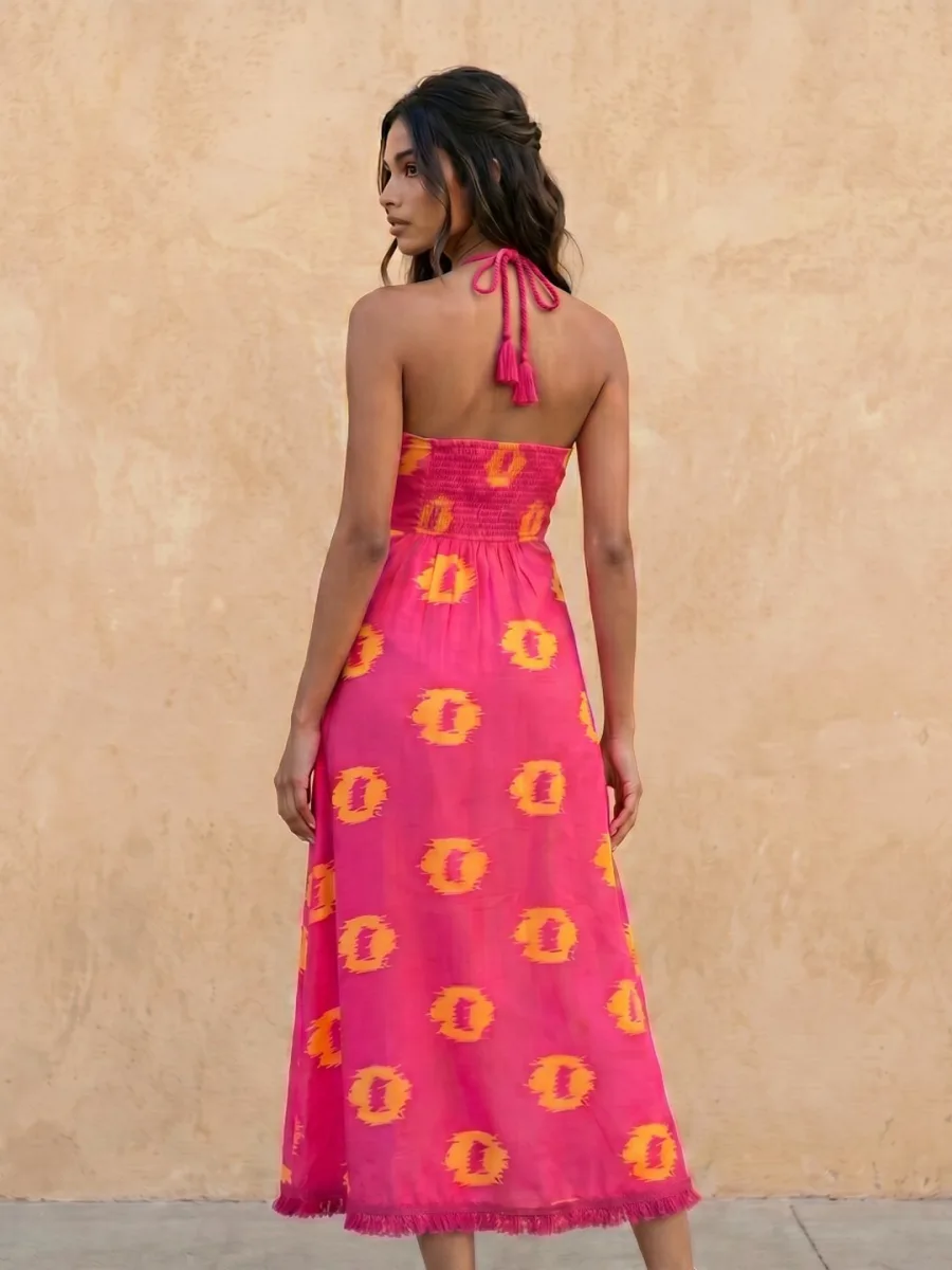 Geometric Halter Smocked Dress