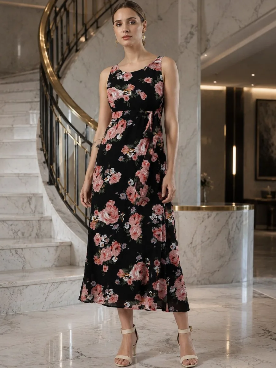 Floral Print Georgette Fit & Flare Midi Dress