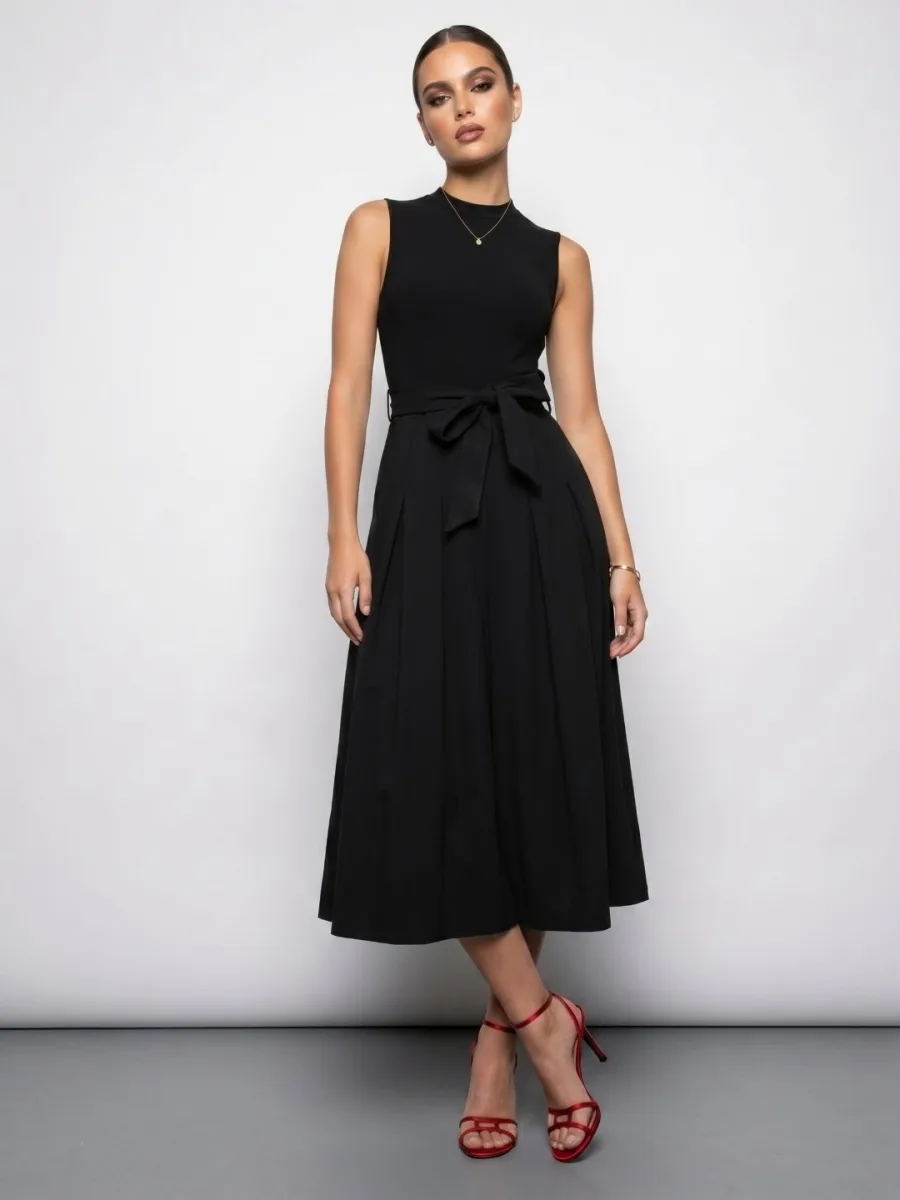 High Neck A-Line Midi Dress