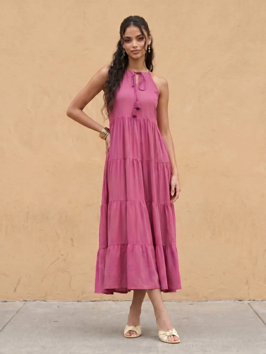 Solid A-Line Midi Dress