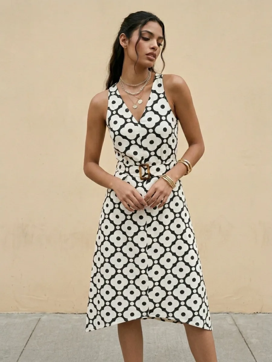 Printed V-Neck A-Line Dress