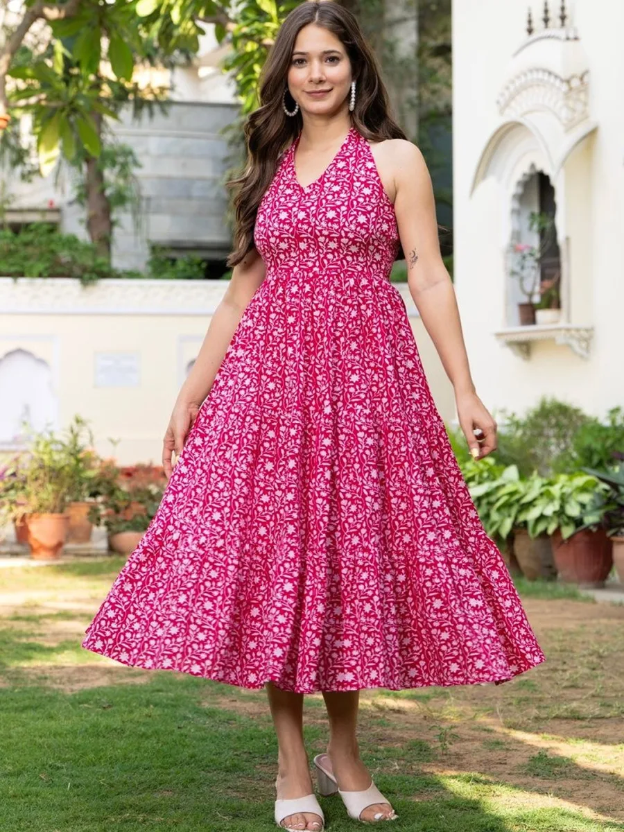 Floral Print A-Line Midi Halter Neck Dress