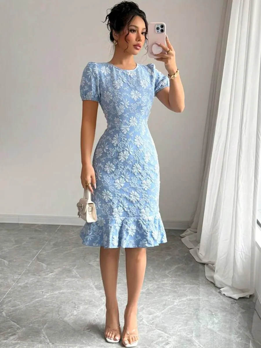 Floral Embroidered Fit & Flare Puff Sleeve Dress