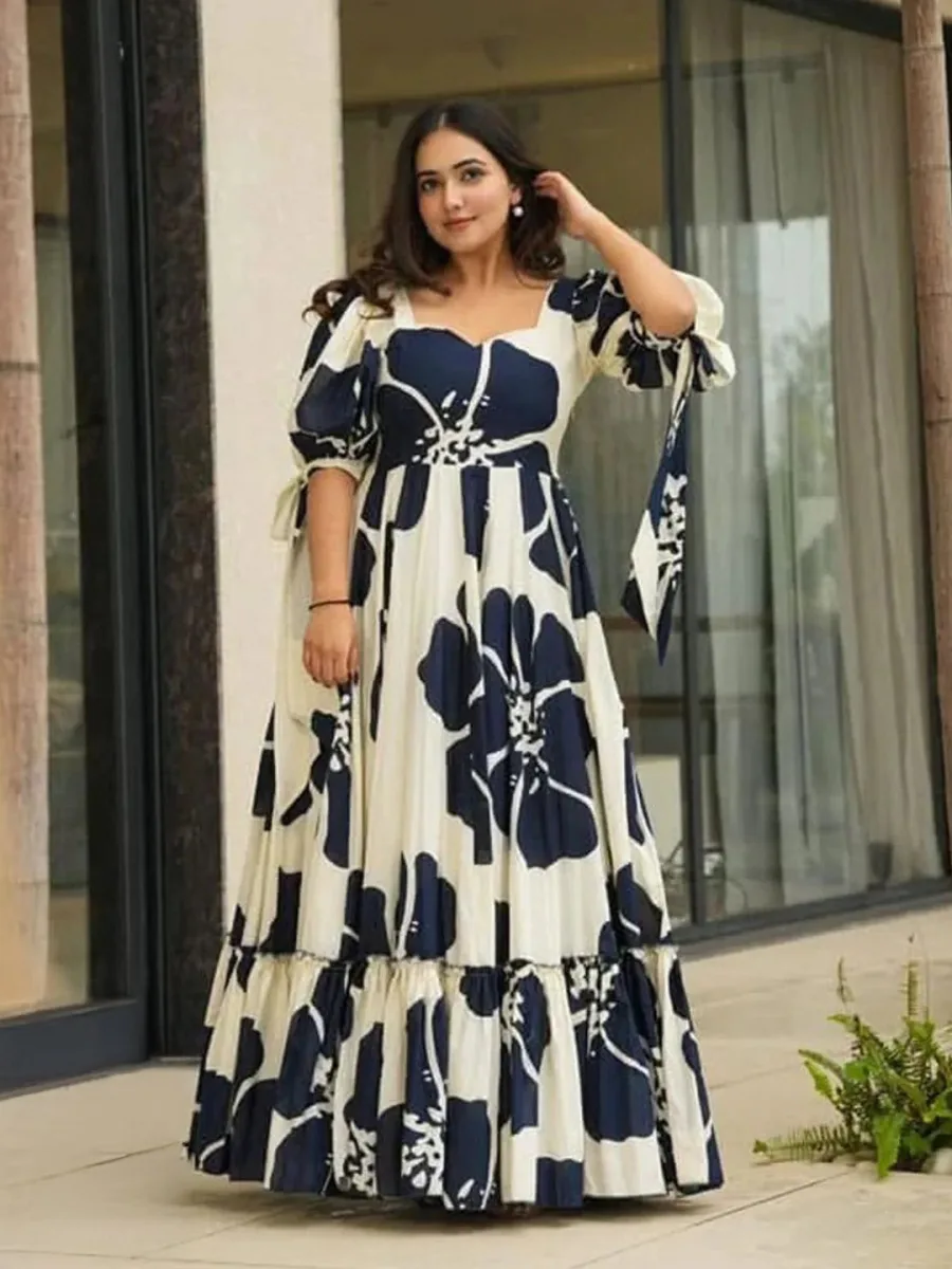 Floral Print Crepe Fit & Flare Maxi Puff Sleeve Dress