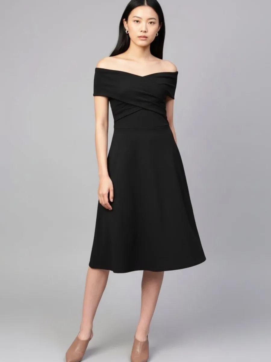 Scuba Fit & Flare Off-Shoulder Dress