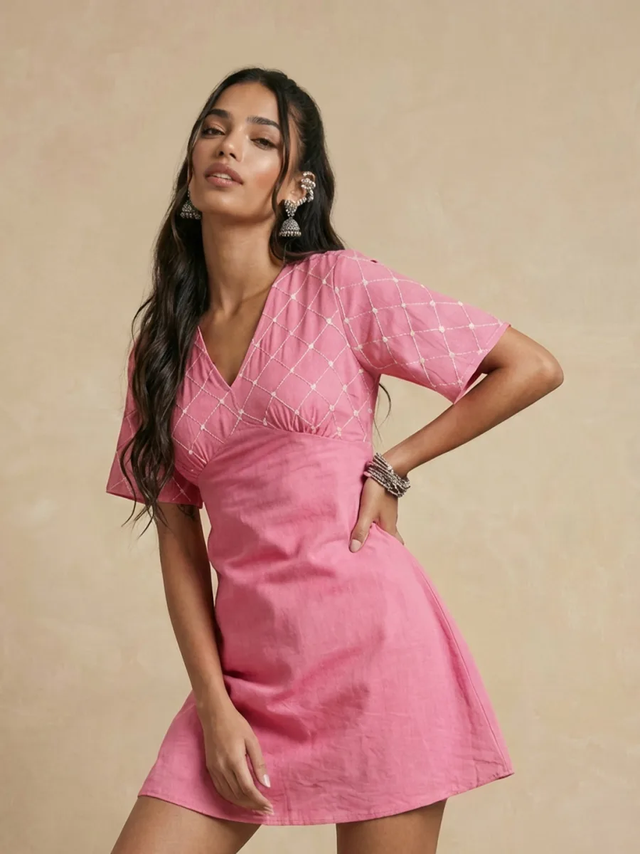 Printed V-Neck Mini Dress