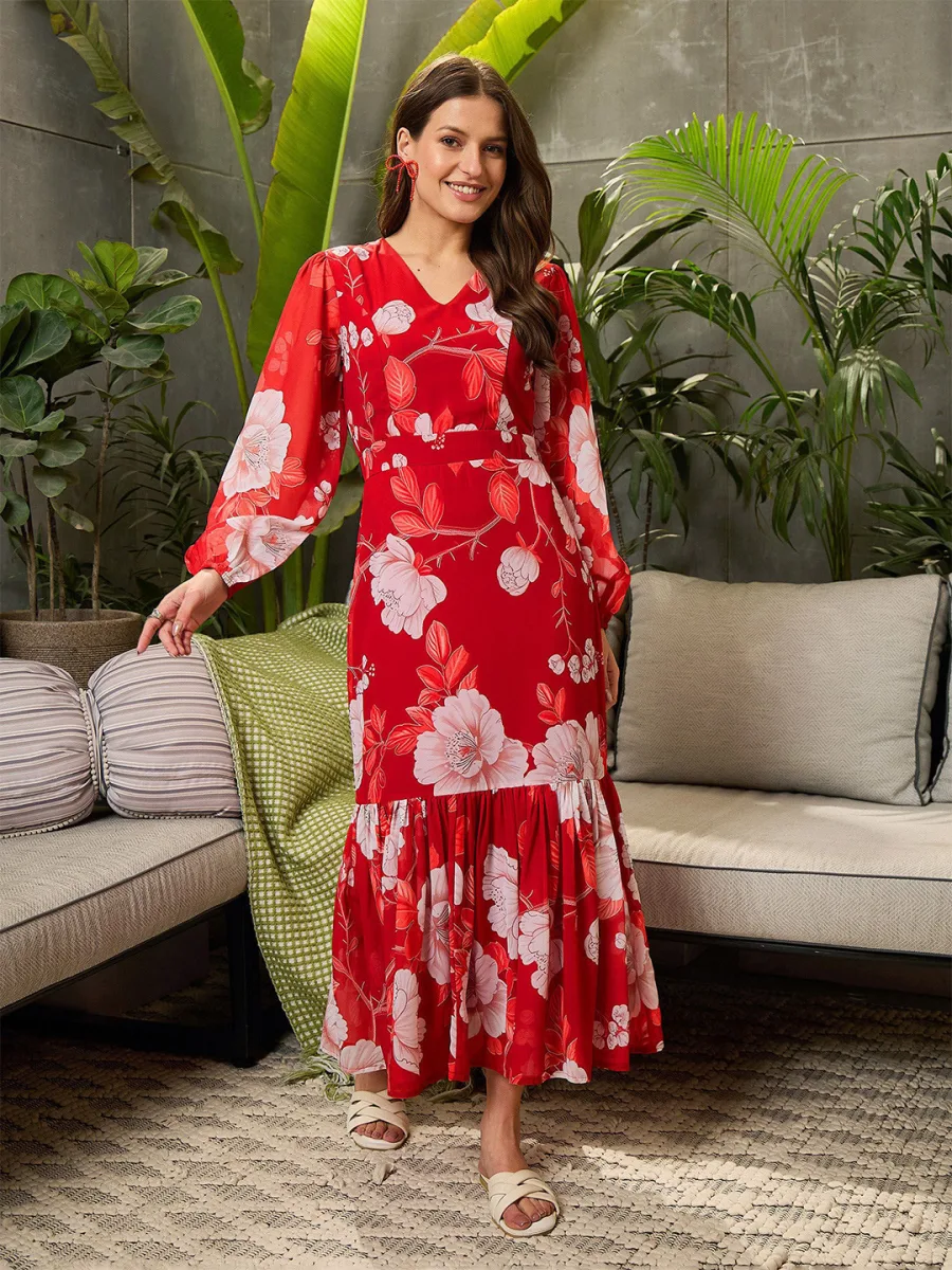 Floral Print Georgette Fit & Flare Midi Dress