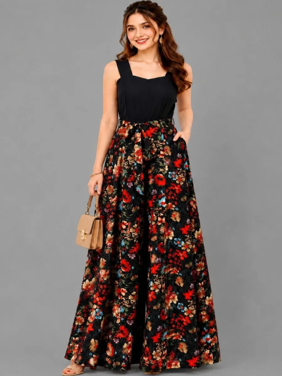Floral Print Crepe A-Line Maxi Dress