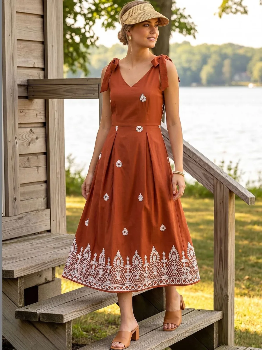 Ethnic Motifs Embroidered A-Line Midi Dress