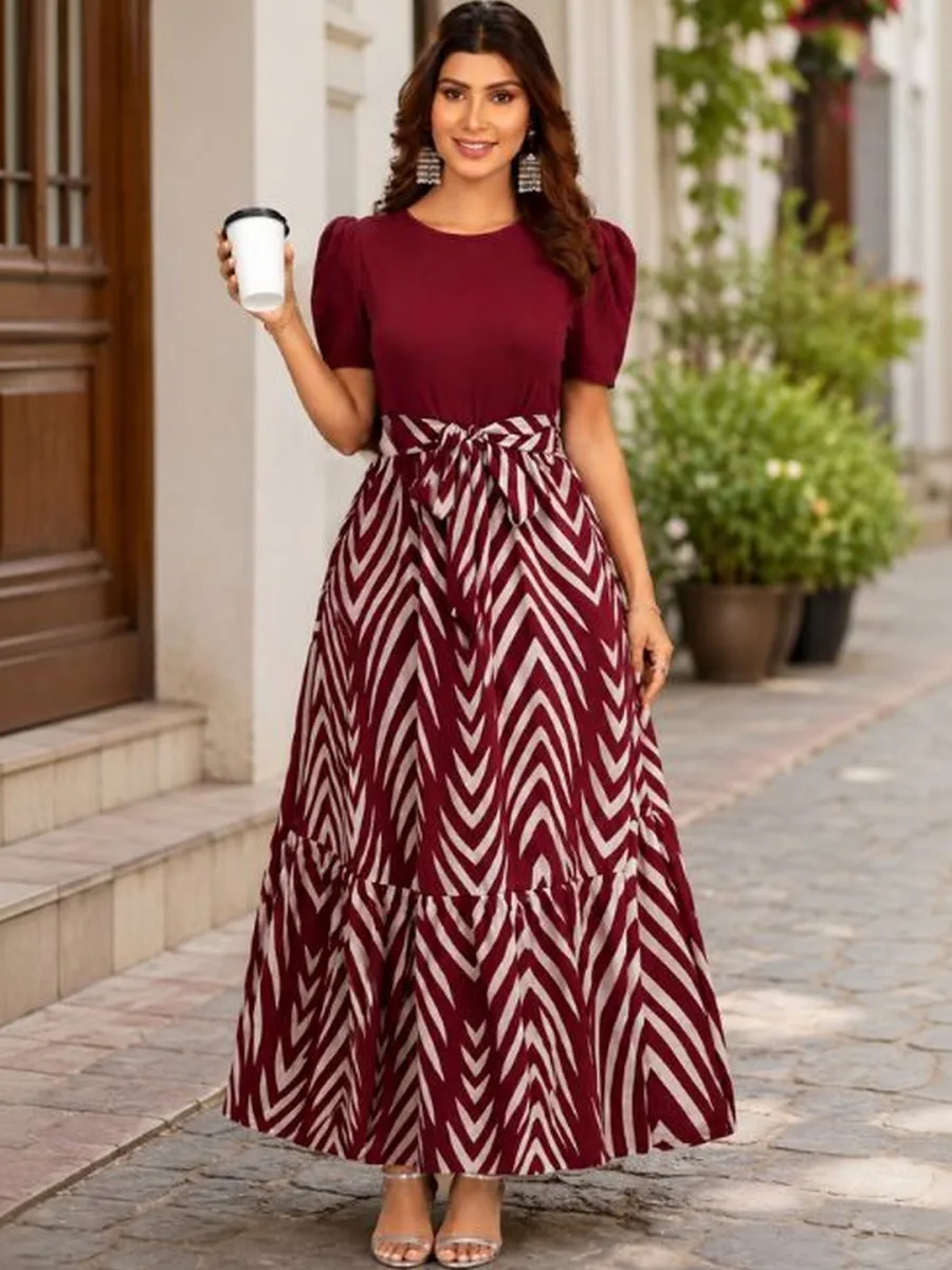 Print A-Line Maxi Puff Sleeve Dress