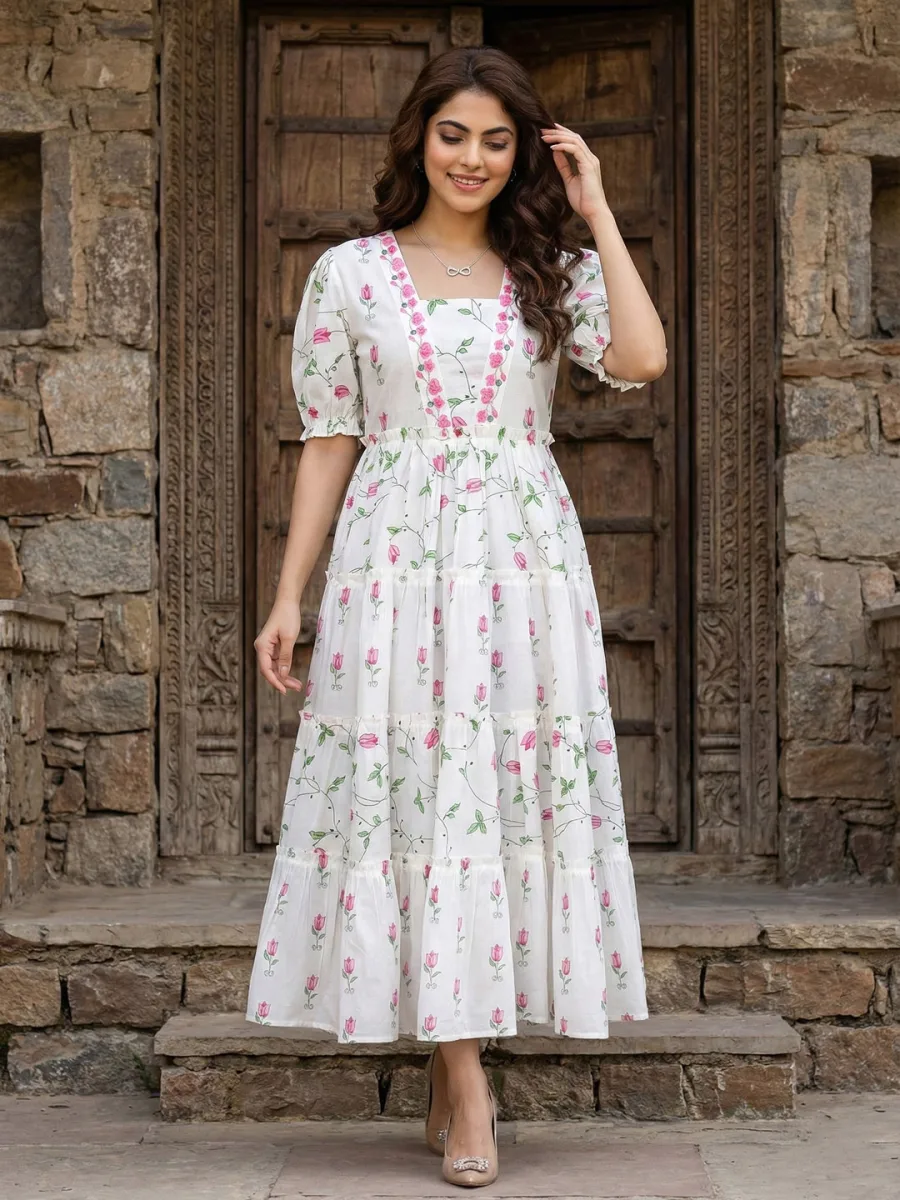 Floral Print A-Line Maxi Puff Sleeve Dress