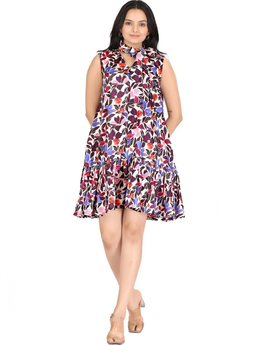 Floral Print Georgette A-Line Tie-Up Neck Dress